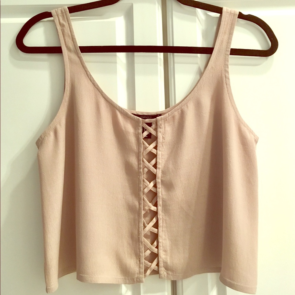 Cute FOREVER 21 Women Lace Up Tank Top-Beige